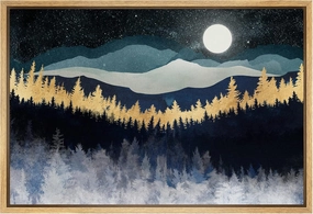 SIGNFORD Framed Canvas Print Wall Art Gold Blue Moonlight Mountain Forest Nature Wilderness Illustrations Modern Art Rustic Zen Landscape Colorful for Living Room, Bedroom, Office - 24"x36" Natural