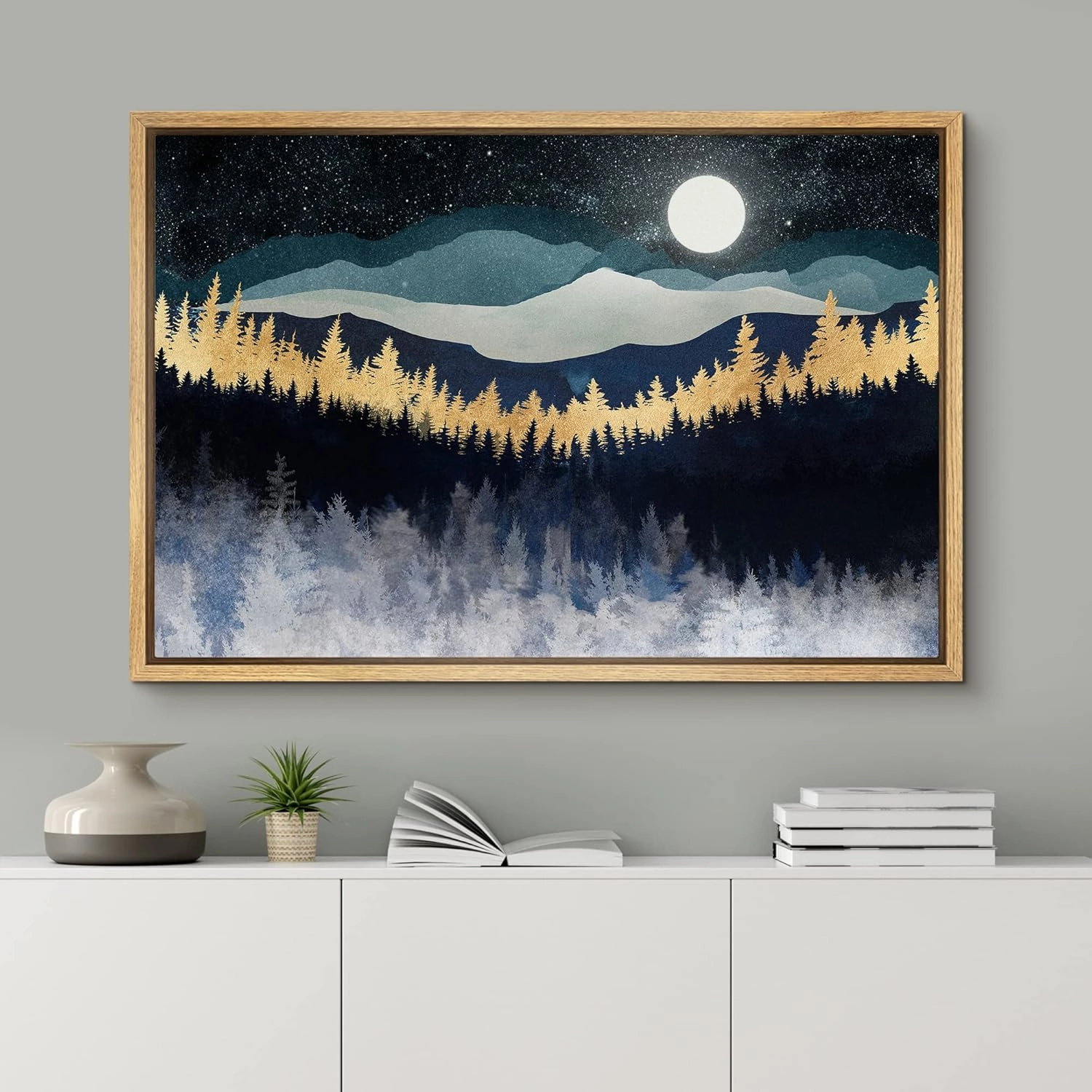 SIGNFORD Framed Canvas Print Wall Art Gold Blue Moonlight Mountain Forest Nature Wilderness Illustrations Modern Art Rustic Zen Landscape Colorful for Living Room, Bedroom, Office - 24"x36" Natural