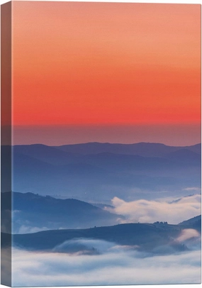 SIGNWIN Canvas Wall Art Red and Orange Sky Over Blue Foggy Mountain Tops Landscape Wilderness Photography Modern Art Contemporary Scenic Colorful Ultra for Living Room, Bedroom, Office - 16x24 inches