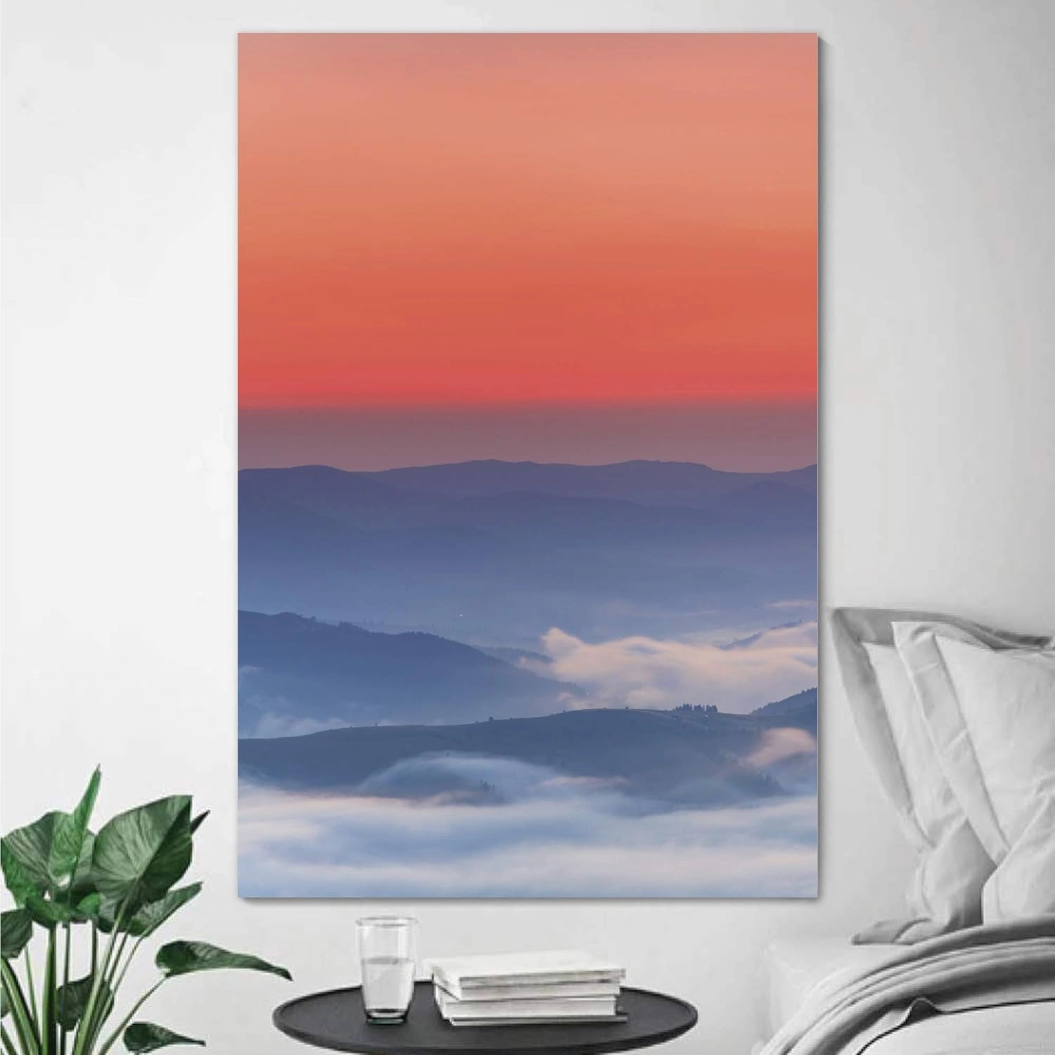 SIGNWIN Canvas Wall Art Red and Orange Sky Over Blue Foggy Mountain Tops Landscape Wilderness Photography Modern Art Contemporary Scenic Colorful Ultra for Living Room, Bedroom, Office - 16x24 inches