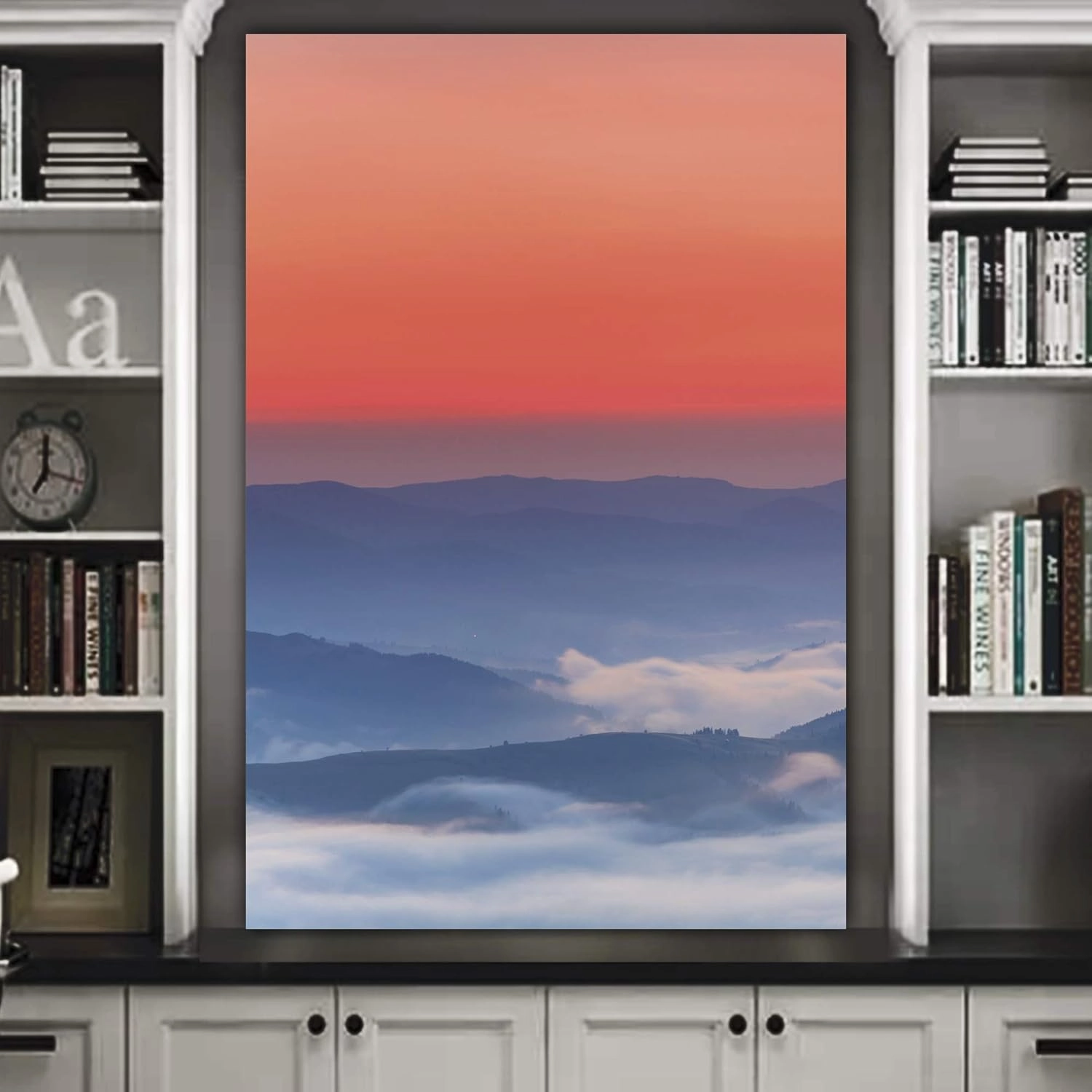 SIGNWIN Canvas Wall Art Red and Orange Sky Over Blue Foggy Mountain Tops Landscape Wilderness Photography Modern Art Contemporary Scenic Colorful Ultra for Living Room, Bedroom, Office - 16x24 inches