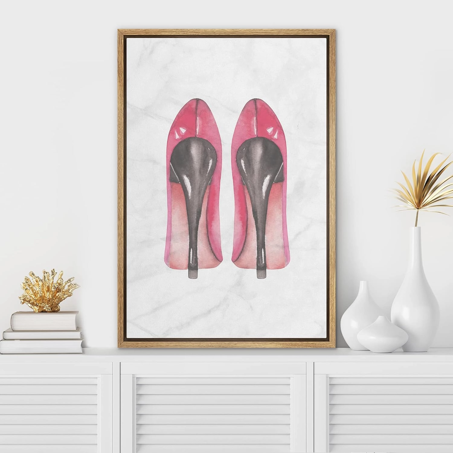 SIGNWIN Framed Canvas Print Wall Art Pink Women's High Heel Pumps Shoes Fashion Pop Culture Illustrations Modern Art Glam Chic Colorful Multicolor for Living Room, Bedroom, Office - 16"x24" Natural