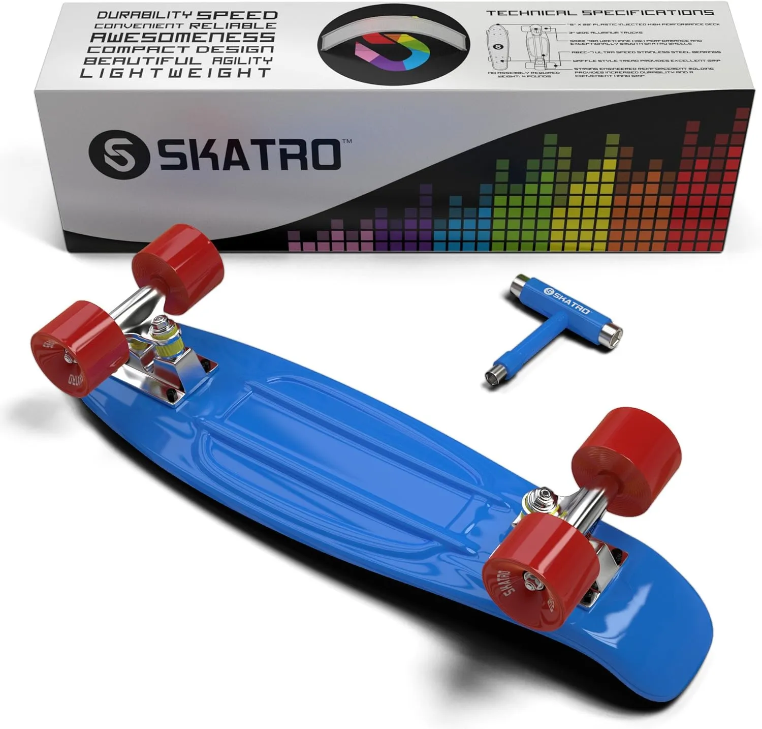 Skatro Mini Cruiser Skateboard. 22x6inch Retro Style Plastic Board Comes Complete