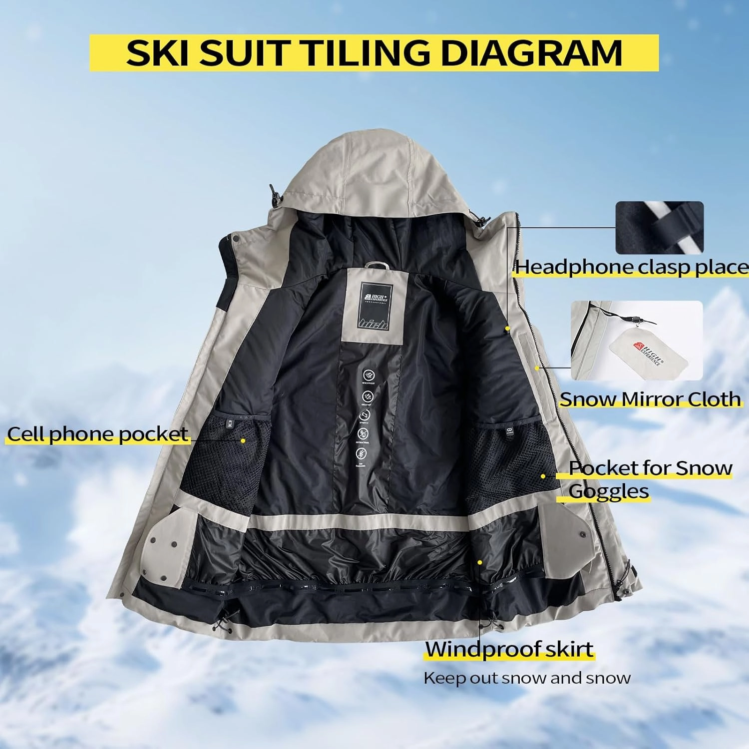 Ski Jacket Snowboard Coat Snow Winter Waterproof Insulated Windproof Baggy Warm Hooded Jacket for Men Women