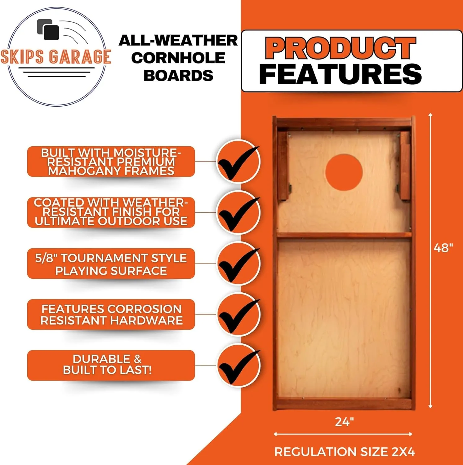 Skip's Garage Moisture-Resistant All-Weather Cornhole Boards | Elakai Mahogany Solid Wood Outdoor Corn Hole Game | Lightweight and Portable | 40  Design Options
