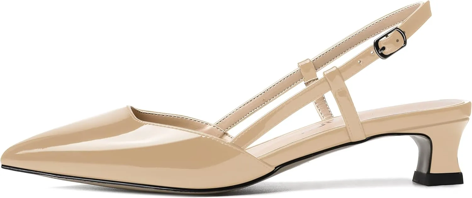 SKYSTERRY Women's Patent Slingback Cute Cut Out Pointed Toe Office Spool Low Kitten Heel Pumps Office Work Shoes 1.5 Inch