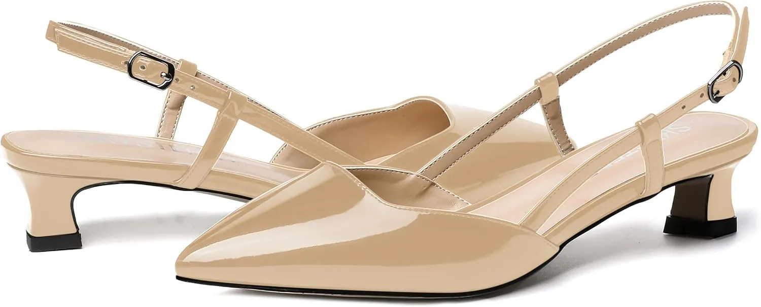 SKYSTERRY Women's Patent Slingback Cute Cut Out Pointed Toe Office Spool Low Kitten Heel Pumps Office Work Shoes 1.5 Inch