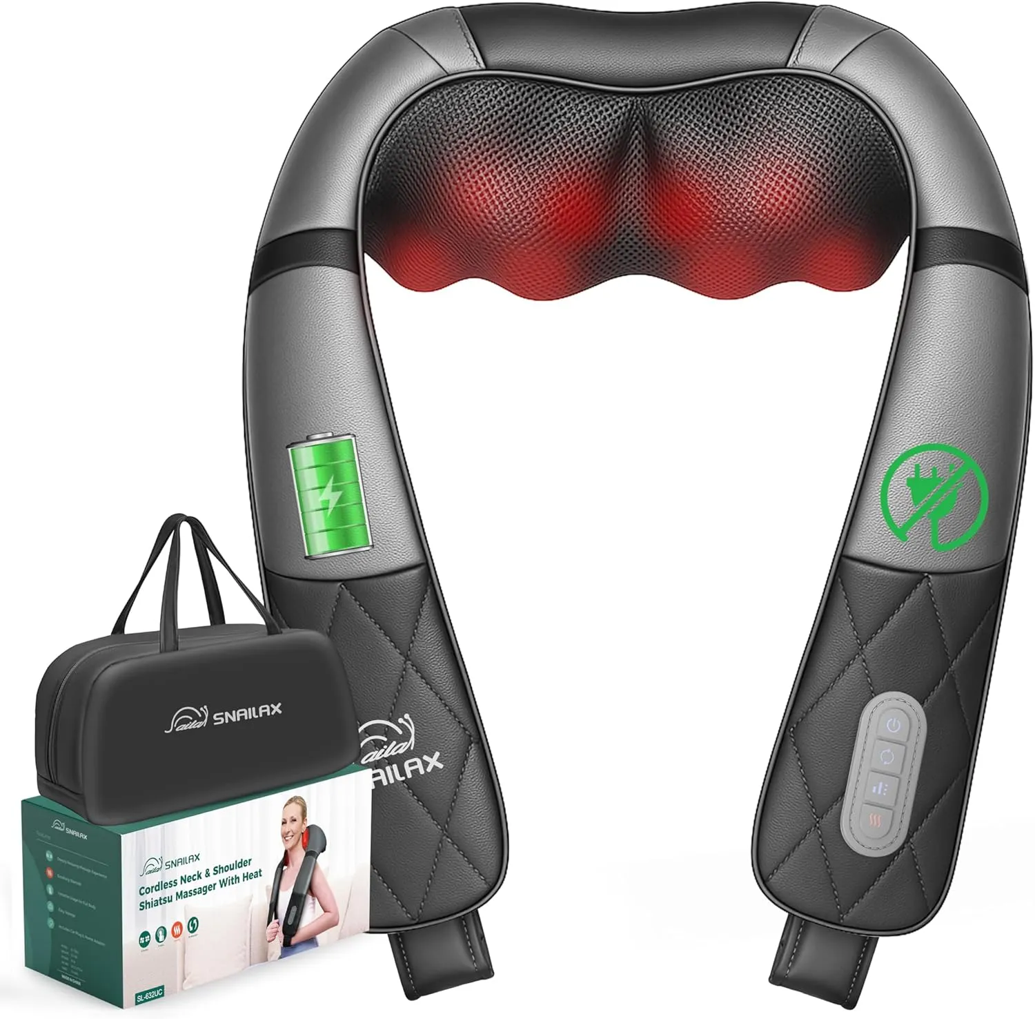 Snailax Rechargeable Neck Massager with Heat, Shiatsu Back and Neck Massager, Cordless Portable Deep Kneading Shoulder Massage Pillow, Gifts for Dad Mom