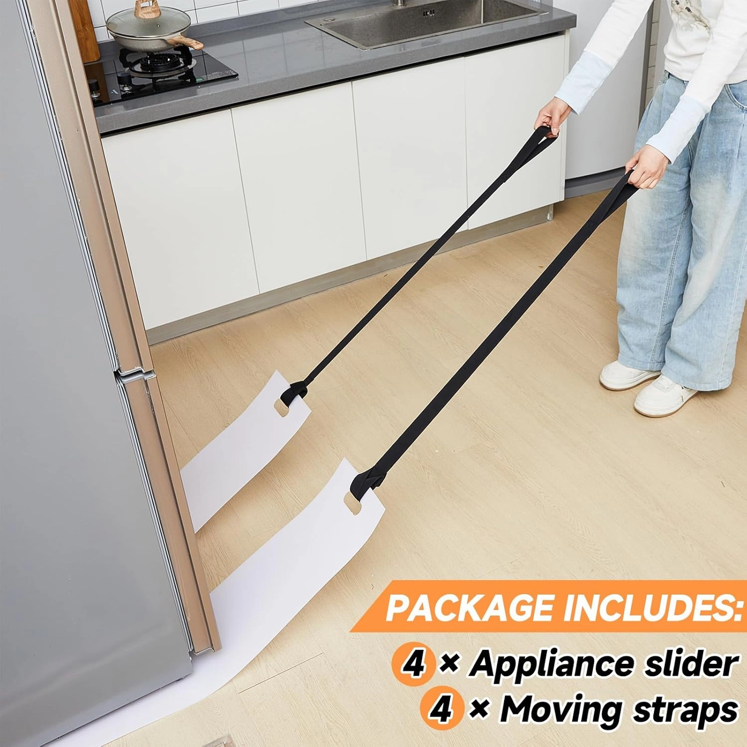 Soaoo 4 Set Appliance Slider with Pull Strap Appliance Mover with Handle Plastic Moving Furniture Gliders Heavy Duty Sliding Sheet for Tile Floors and Hardwood Floors, Glides Easily (8 x 60 Inch)