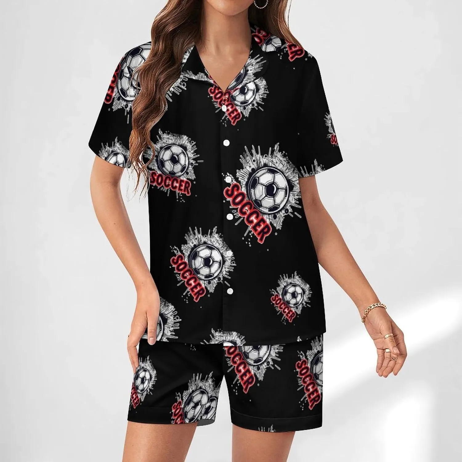 Soccer Ball Women's Satin Pajama Set Short Sleeve Button Down Sleepwear Loungewear Pj Set