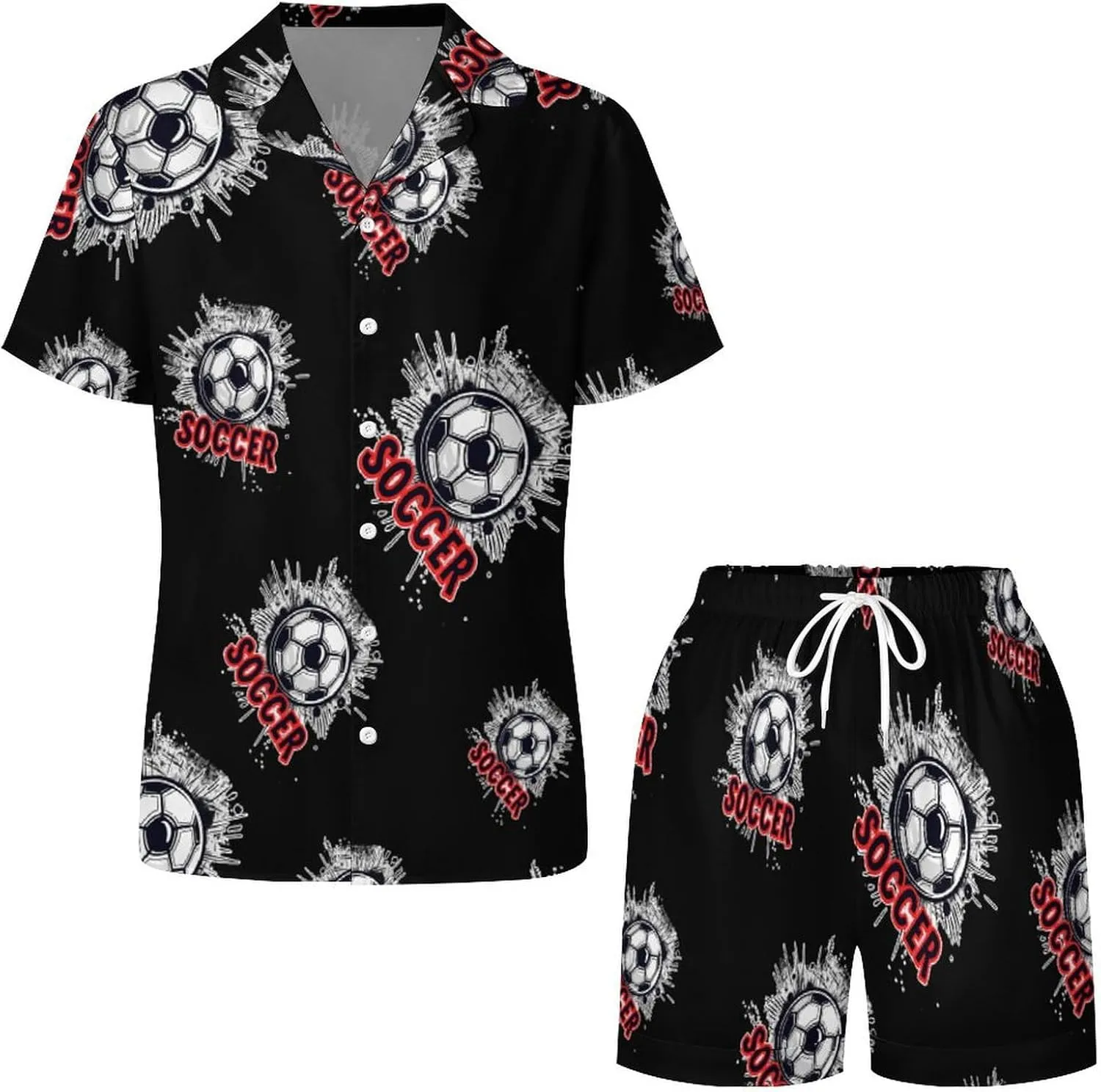 Soccer Ball Women's Satin Pajama Set Short Sleeve Button Down Sleepwear Loungewear Pj Set