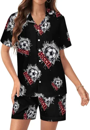 Soccer Ball Women's Satin Pajama Set Short Sleeve Button Down Sleepwear Loungewear Pj Set