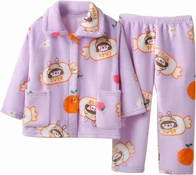 Soft Bathrobe 𝐊i𝐝s Flannel Pajamas Outfits Car Print Lapel Button Shirt Coat Pant 2pcs Loungewear Set