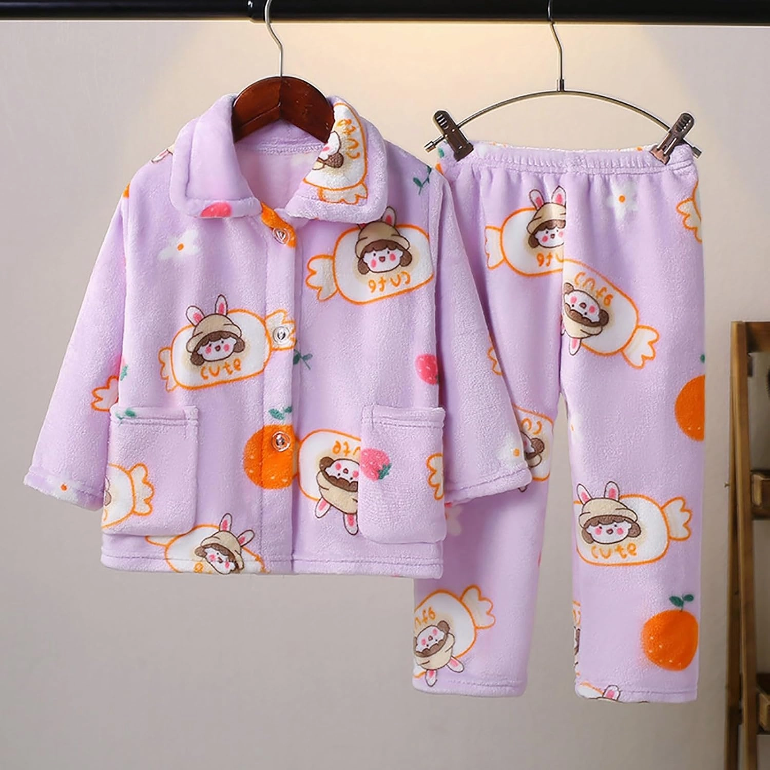 Soft Bathrobe 𝐊i𝐝s Flannel Pajamas Outfits Car Print Lapel Button Shirt Coat Pant 2pcs Loungewear Set