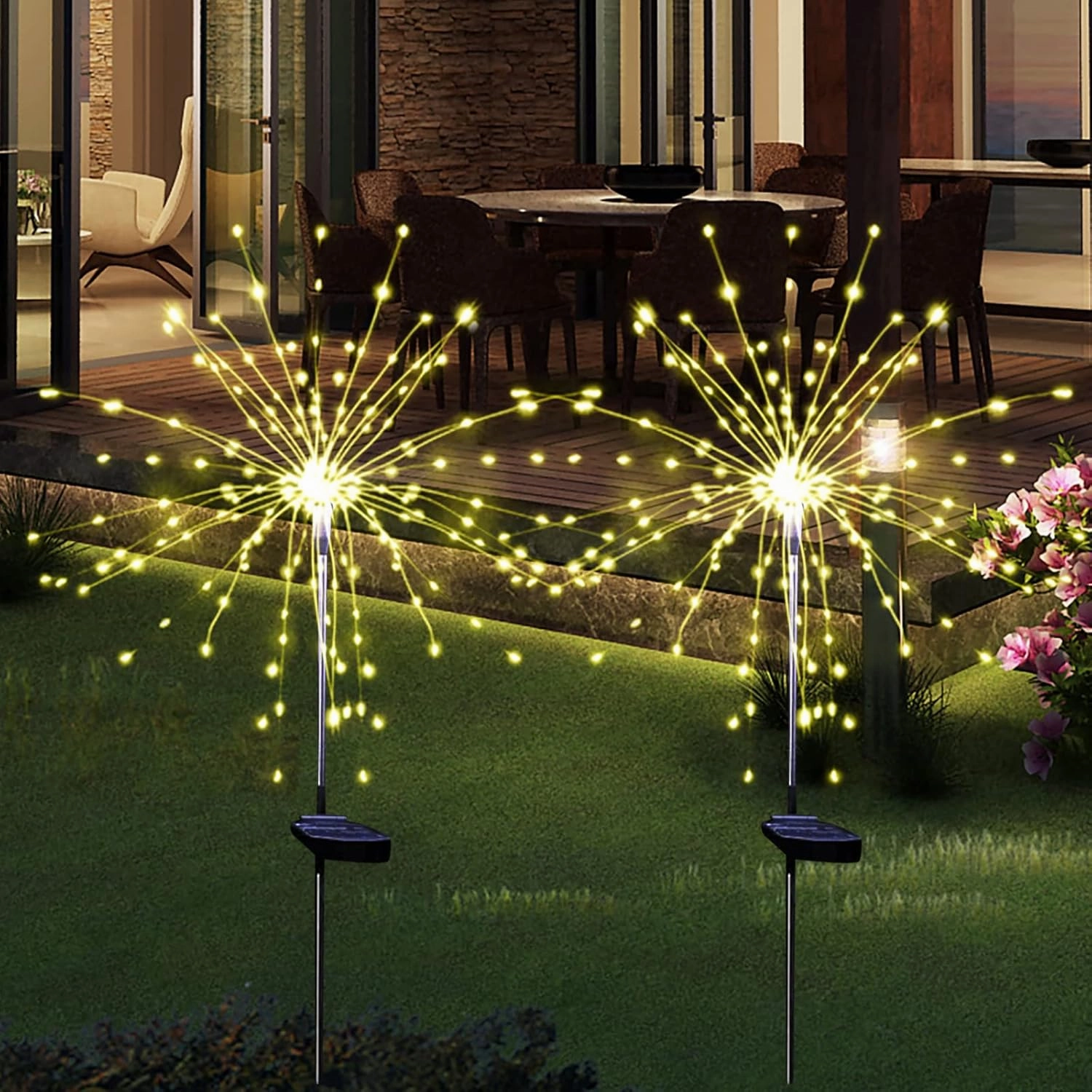 Solar Garden Firework Lights Outdoor Waterproof 2 Pack Solar Powered Art Stake Twinkle Lighting for Outside Decor, 120 LED Sparklers String Lights for Yard Party Decorations (Warm White)