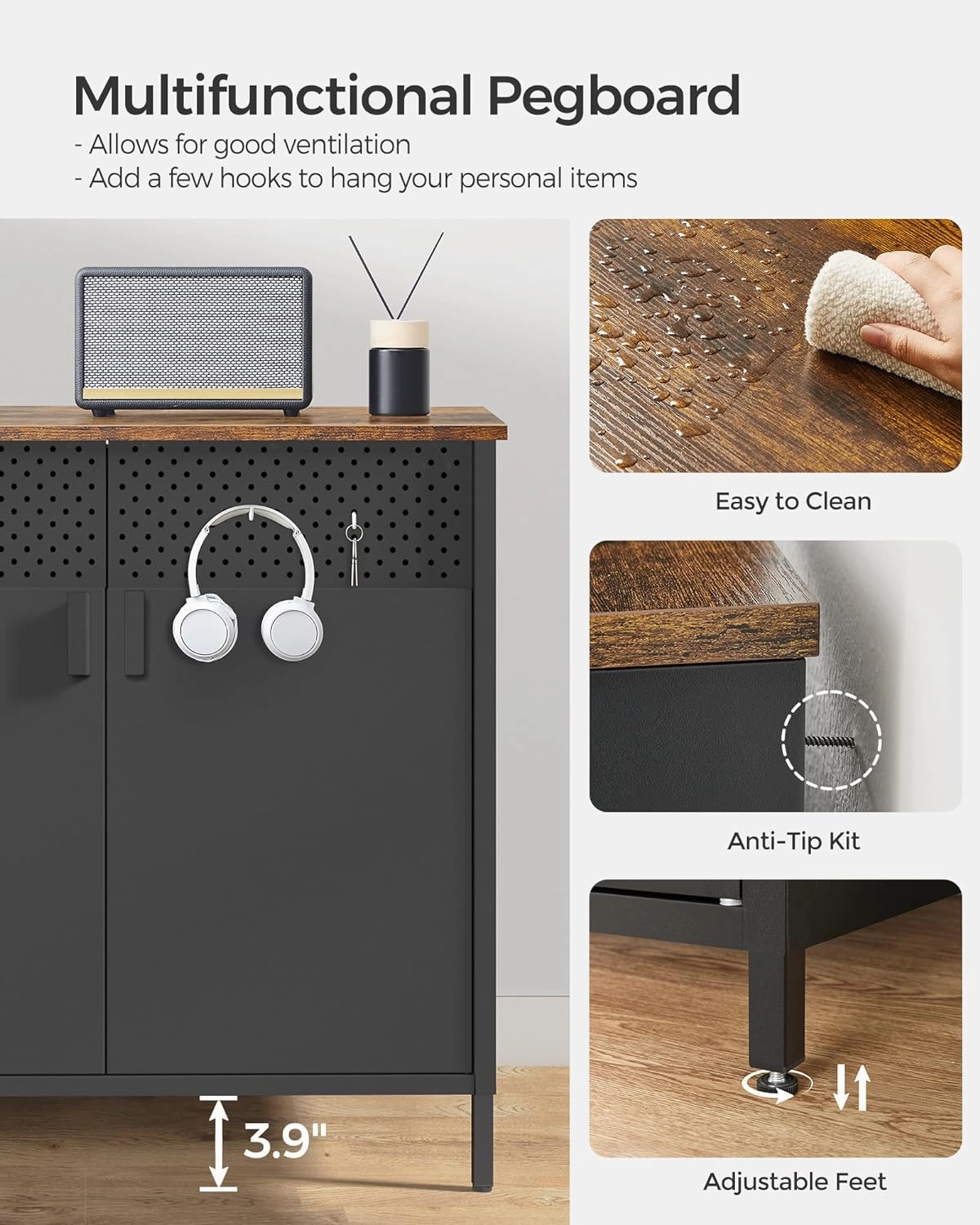 SONGMICS Storage Cabinet, Floor Standing Cabinet with Door, 15.7 x 31.5 x 29.9 Inches, Adjustable Shelf, Space-Saving Sideboard, Industrial Style, Rustic Brown and Black ULSC102B01