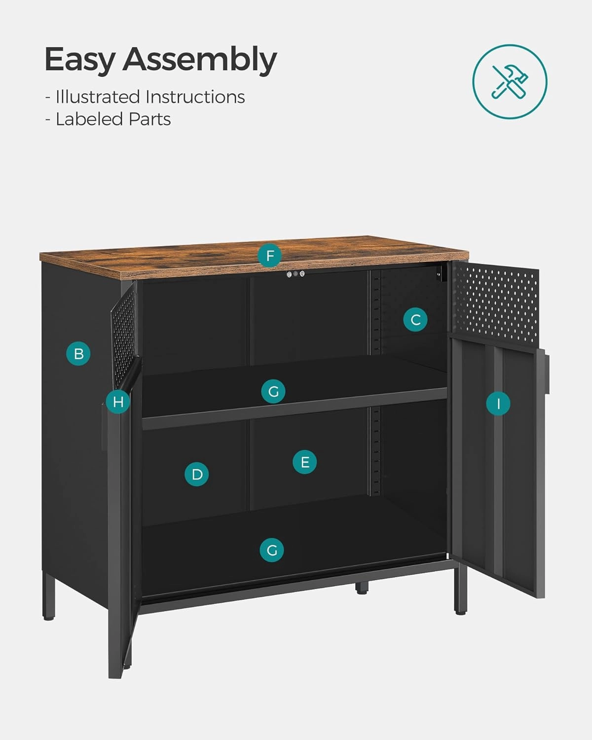 SONGMICS Storage Cabinet, Floor Standing Cabinet with Door, 15.7 x 31.5 x 29.9 Inches, Adjustable Shelf, Space-Saving Sideboard, Industrial Style, Rustic Brown and Black ULSC102B01