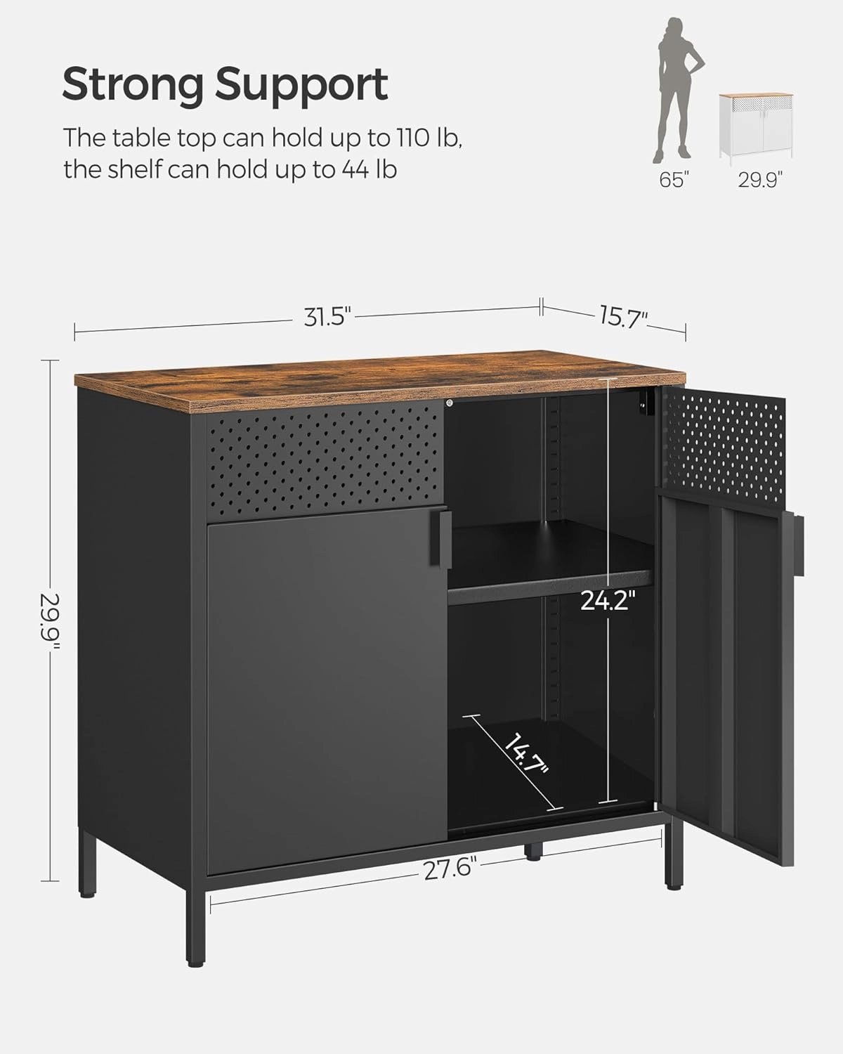 SONGMICS Storage Cabinet, Floor Standing Cabinet with Door, 15.7 x 31.5 x 29.9 Inches, Adjustable Shelf, Space-Saving Sideboard, Industrial Style, Rustic Brown and Black ULSC102B01