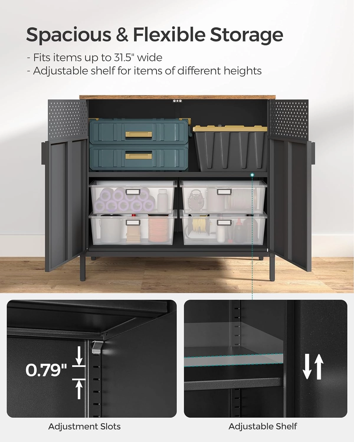 SONGMICS Storage Cabinet, Floor Standing Cabinet with Door, 15.7 x 31.5 x 29.9 Inches, Adjustable Shelf, Space-Saving Sideboard, Industrial Style, Rustic Brown and Black ULSC102B01