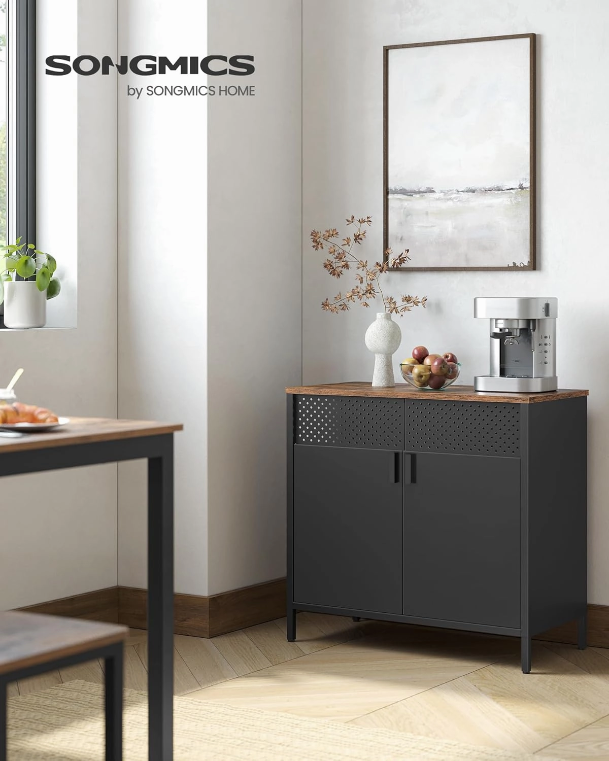 SONGMICS Storage Cabinet, Floor Standing Cabinet with Door, 15.7 x 31.5 x 29.9 Inches, Adjustable Shelf, Space-Saving Sideboard, Industrial Style, Rustic Brown and Black ULSC102B01