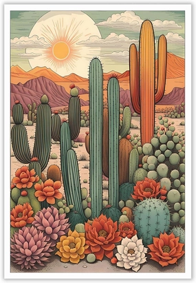 Southwestern Desert Wall Art, Saguaro Cactus Poster Canvas, Arizona Succulent with Flower Painting, Colorful Plant Landscape Picture Print for Men's Bedroom Living Room Decor 16x24 Inch Unframed