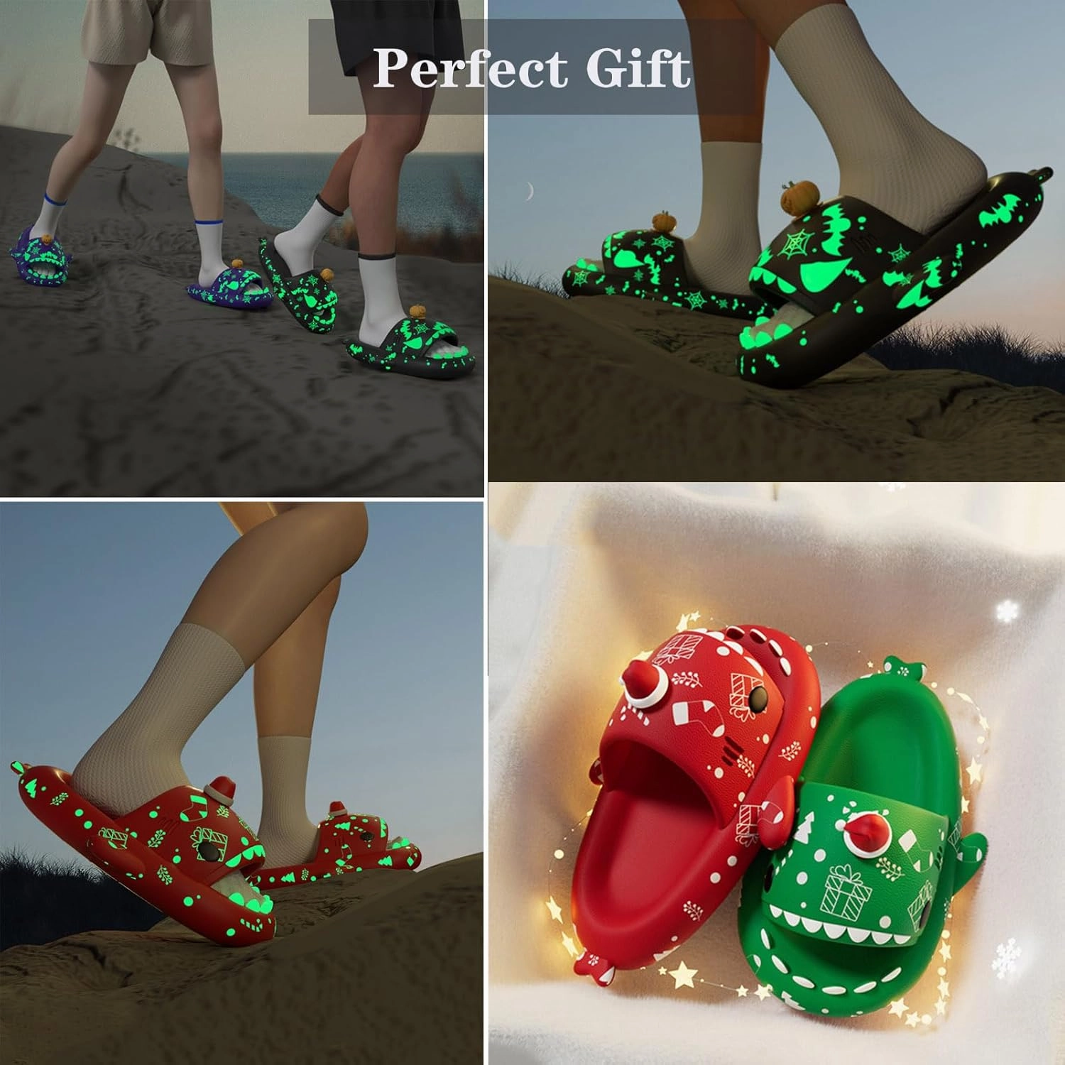 Spooky Shark Slides Glow in The Dark Halloween Shark Slides Christmas Shark Slides Halloween Shark Shoes Santa Shark Slides Slippers for Women Men