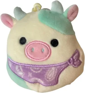 Squishmallows Official Kellytoy Easter Squad Squishy Soft Plush Toy Animal (3.5 Inch Clip, Belana Cow (Purple Bandana))