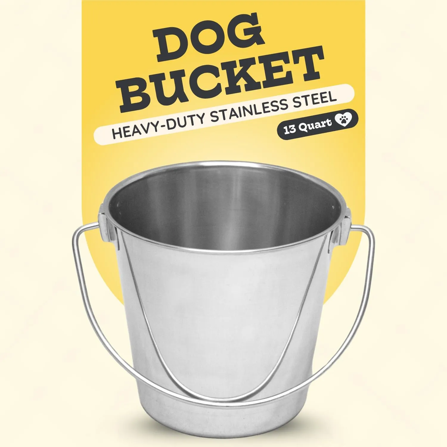 Stainless Steel 13 Qt Round Dog Pail with Handle - Food & Water Bucket Large Dogs, Horse, Kennels, Cages and Critter Crates - Multi Purpose Pets Pails (13 Quarts)