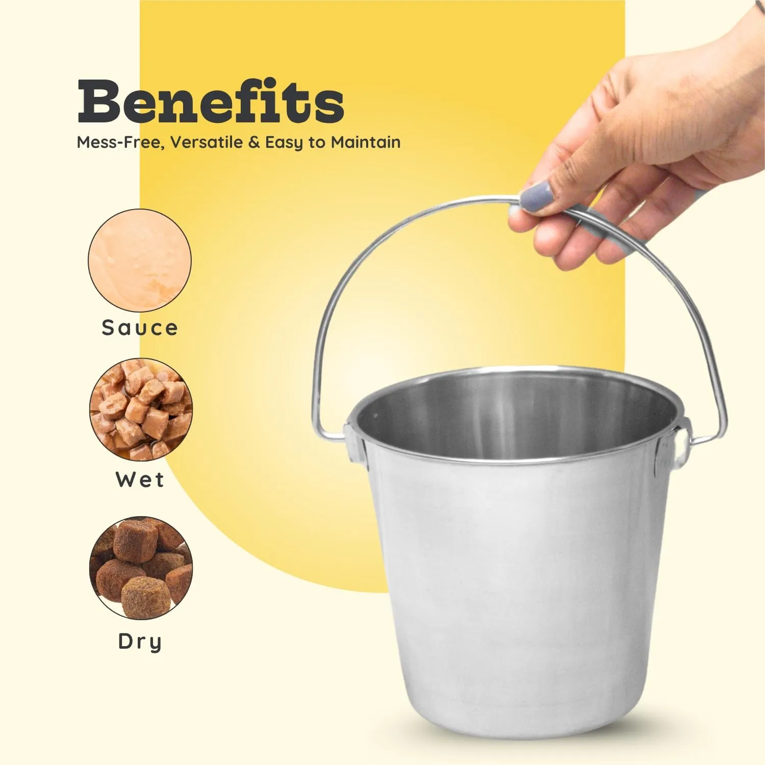 Stainless Steel 13 Qt Round Dog Pail with Handle - Food & Water Bucket Large Dogs, Horse, Kennels, Cages and Critter Crates - Multi Purpose Pets Pails (13 Quarts)