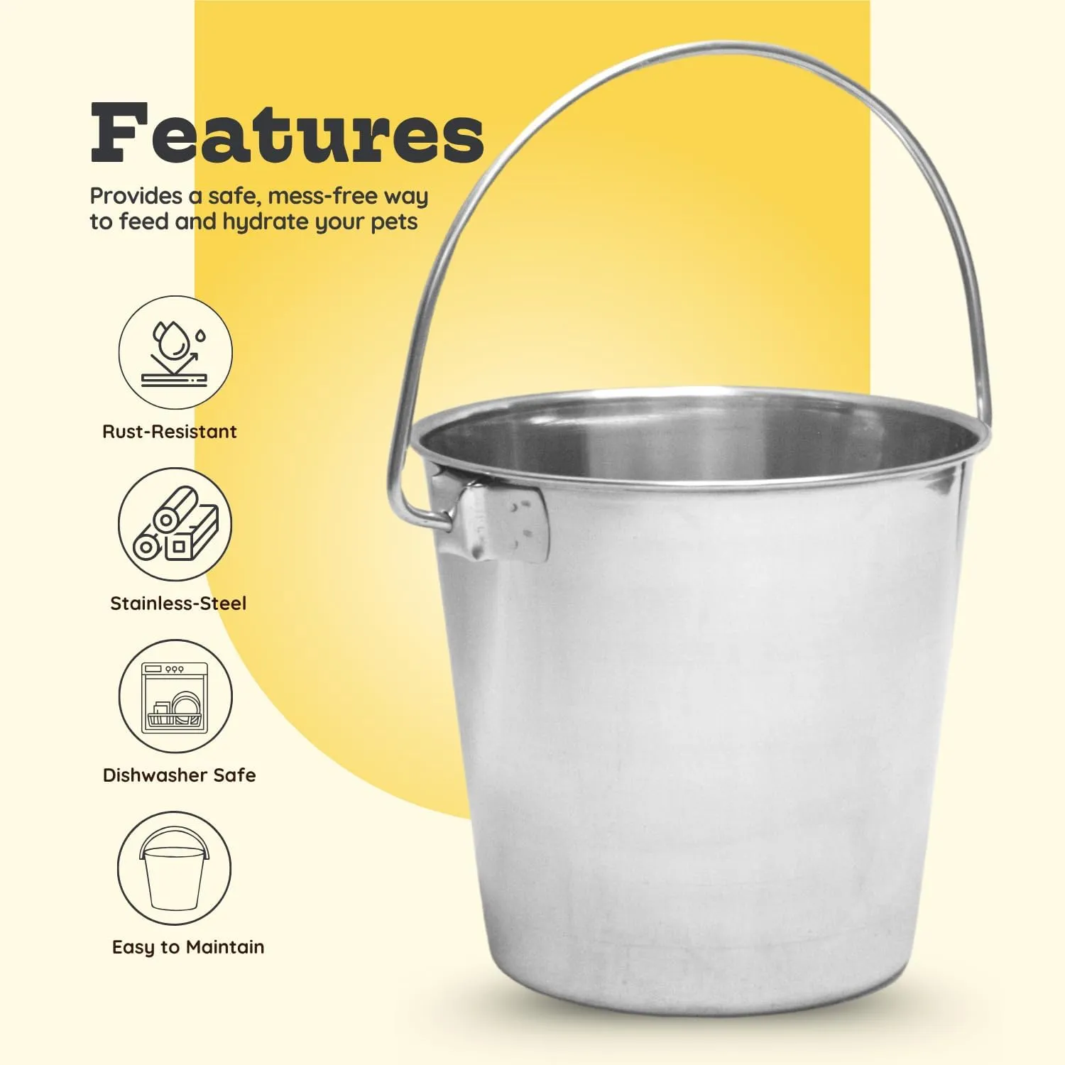 Stainless Steel 13 Qt Round Dog Pail with Handle - Food & Water Bucket Large Dogs, Horse, Kennels, Cages and Critter Crates - Multi Purpose Pets Pails (13 Quarts)