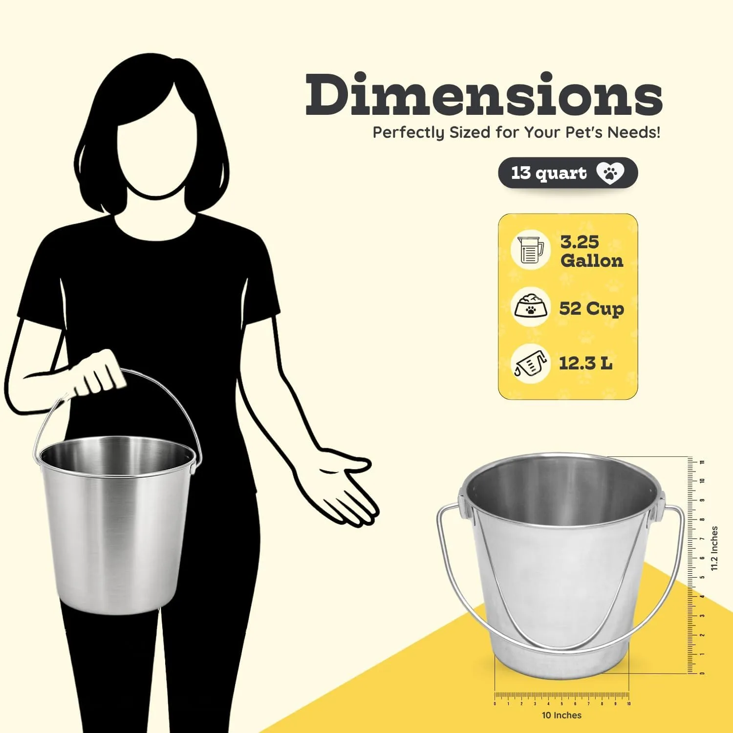 Stainless Steel 13 Qt Round Dog Pail with Handle - Food & Water Bucket Large Dogs, Horse, Kennels, Cages and Critter Crates - Multi Purpose Pets Pails (13 Quarts)