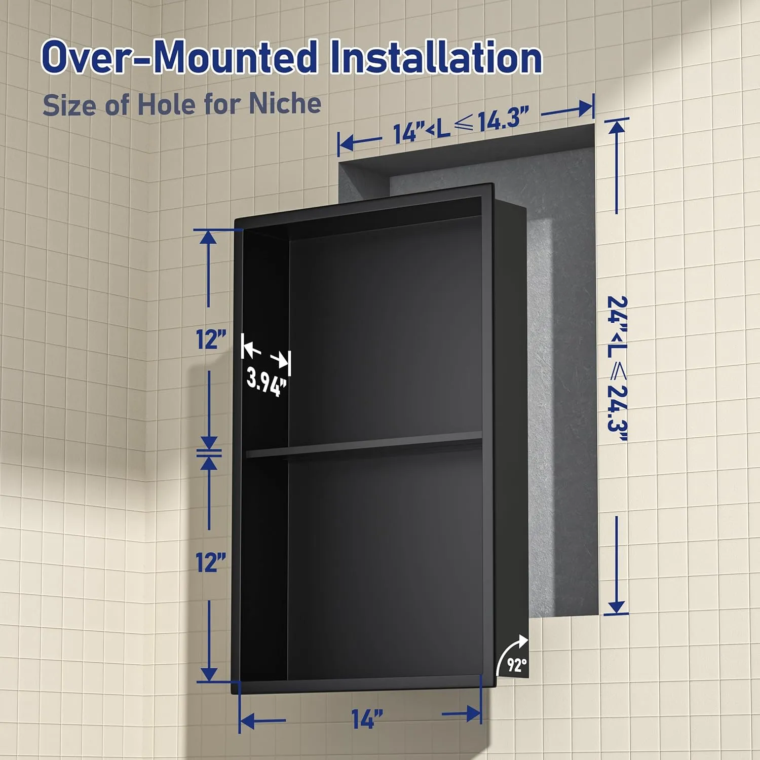 Stainless Steel Shower Niche 24"×14" Matte Black with Shelf No Tiled Needed Niche Shower for Bathroom Wall Recessed Shower Box for Storage
