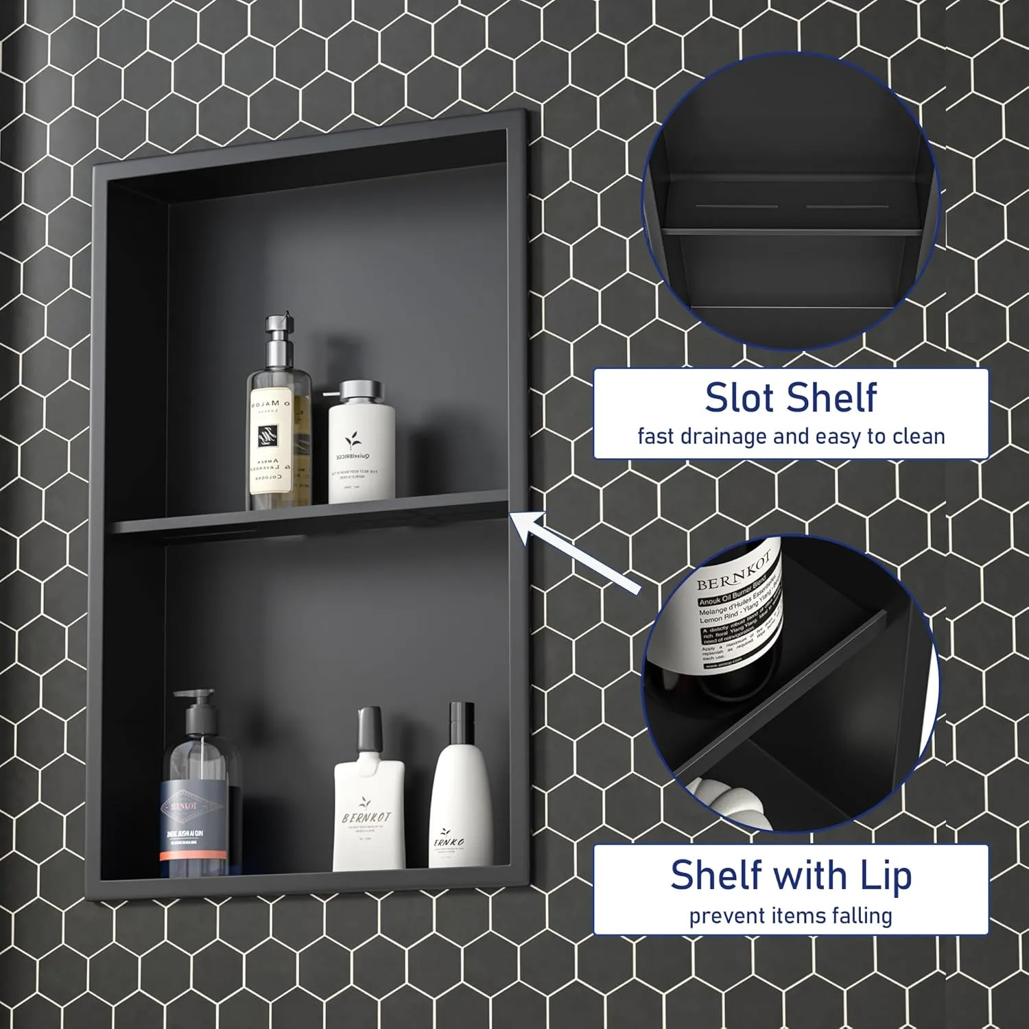 Stainless Steel Shower Niche 24"×14" Matte Black with Shelf No Tiled Needed Niche Shower for Bathroom Wall Recessed Shower Box for Storage