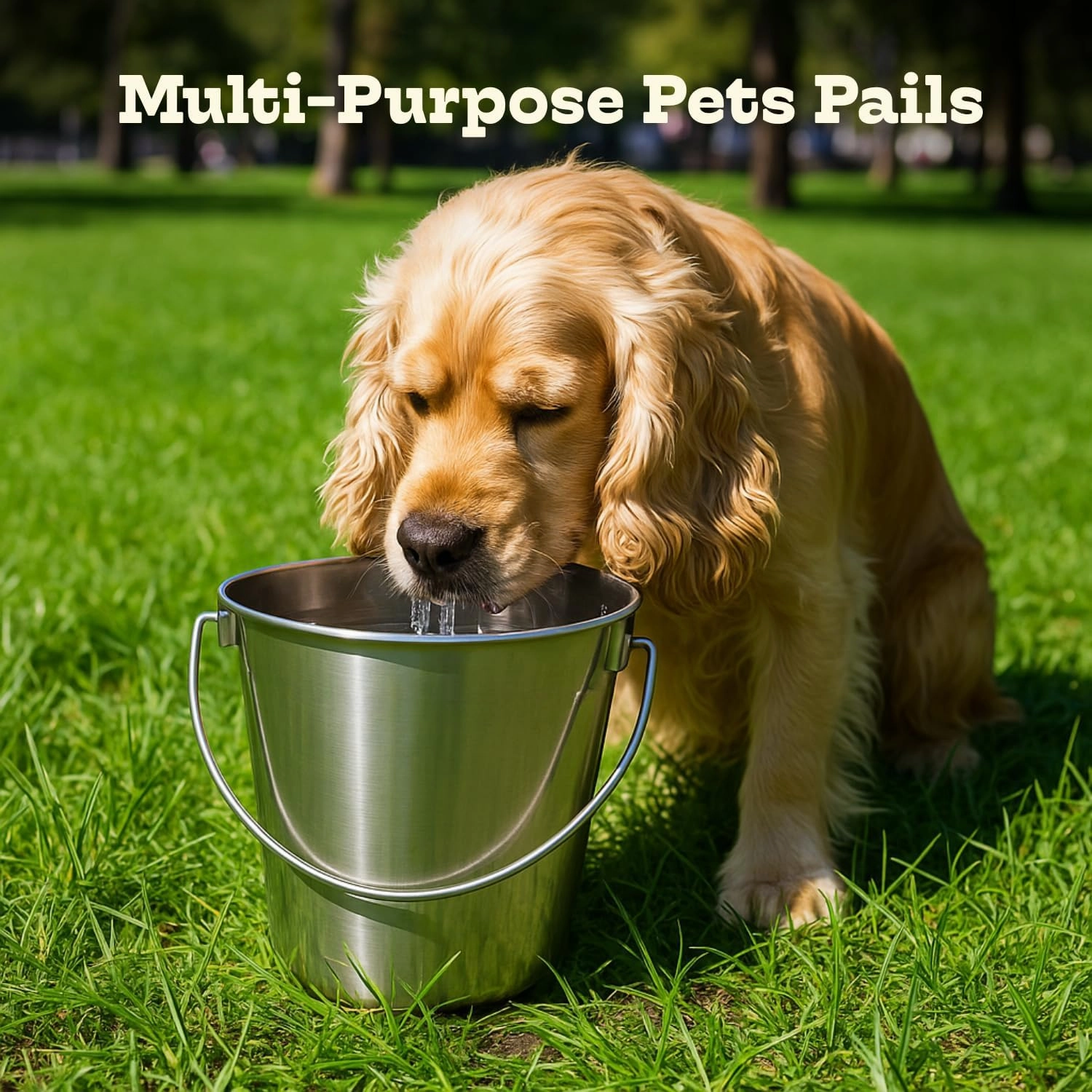 Stainless Steel 9 Qt Round Dog Pail with Handle - Food & Water Bucket Dogs, Horse, Kennels, Cages and Critter Crates - Multi Purpose Pets Pails (9 Quarts)