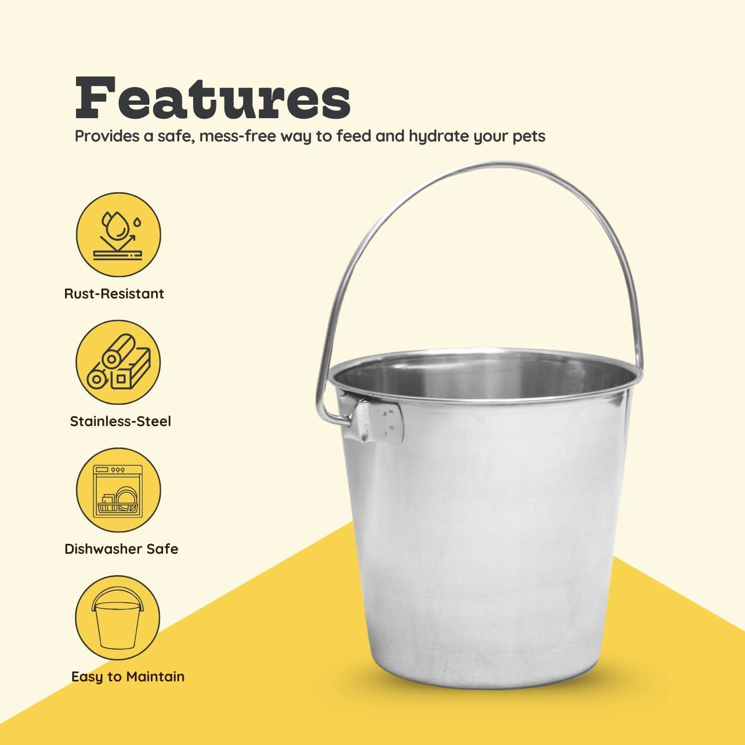 Stainless Steel 9 Qt Round Dog Pail with Handle - Food & Water Bucket Dogs, Horse, Kennels, Cages and Critter Crates - Multi Purpose Pets Pails (9 Quarts)