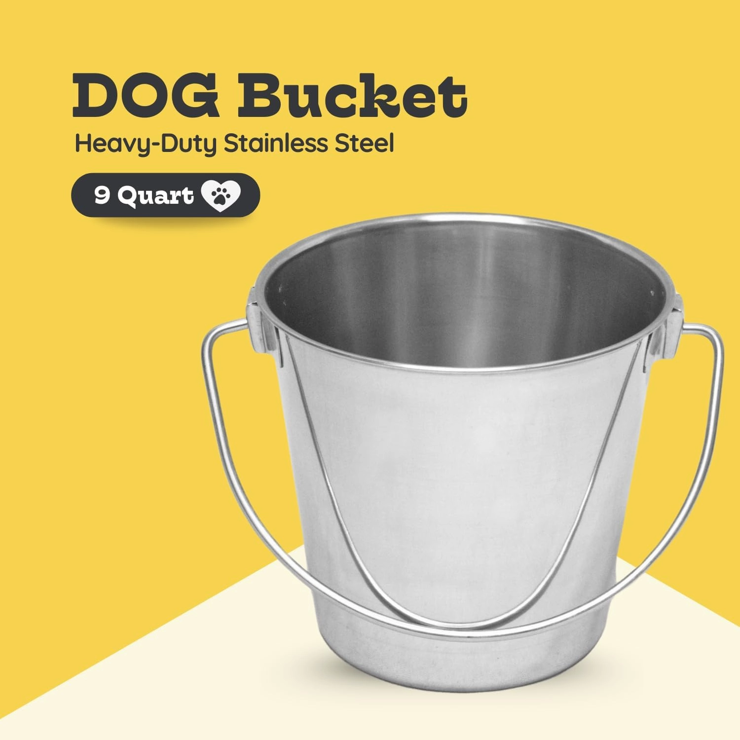 Stainless Steel 9 Qt Round Dog Pail with Handle - Food & Water Bucket Dogs, Horse, Kennels, Cages and Critter Crates - Multi Purpose Pets Pails (9 Quarts)