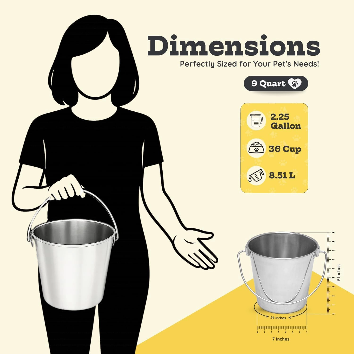 Stainless Steel 9 Qt Round Dog Pail with Handle - Food & Water Bucket Dogs, Horse, Kennels, Cages and Critter Crates - Multi Purpose Pets Pails (9 Quarts)