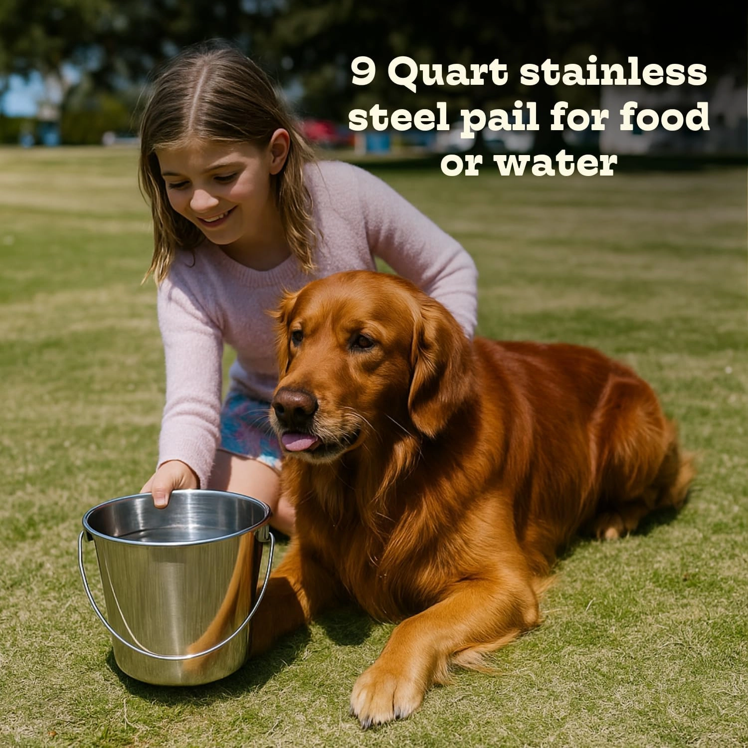 Stainless Steel 9 Qt Round Dog Pail with Handle - Food & Water Bucket Dogs, Horse, Kennels, Cages and Critter Crates - Multi Purpose Pets Pails (9 Quarts)