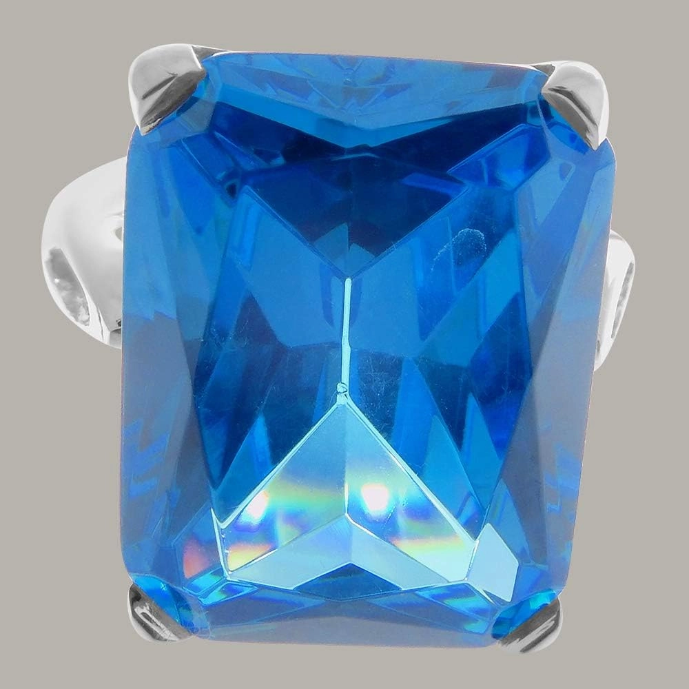 Sterling Silver Womens Large Solitaire Blue Cubic Zirconia CZ Basket Ring - Sizes 5 to 12 Available