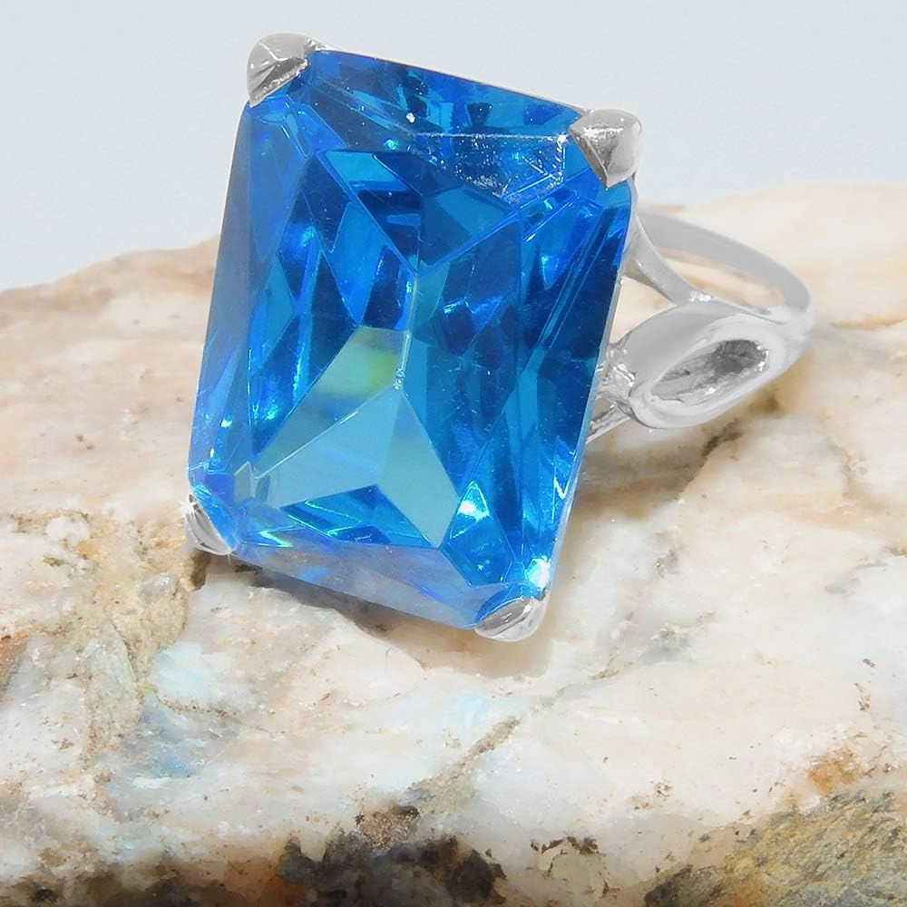 Sterling Silver Womens Large Solitaire Blue Cubic Zirconia CZ Basket Ring - Sizes 5 to 12 Available