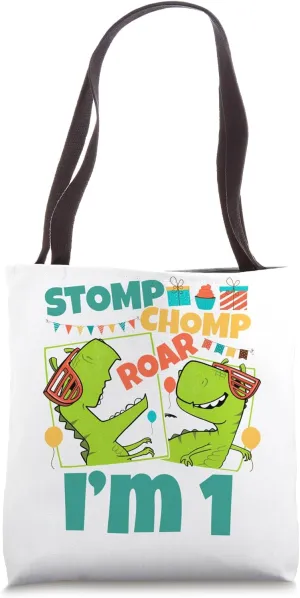 Stomp Chomp Roar I'm 1 Dinosaur Toy Decor 1st Birthday Tote Bag