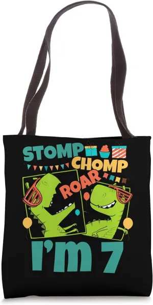 Stomp Chomp Roar I'm 7 Dinosaur Toy Decor 7th Birthday Tote Bag