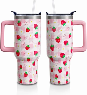 Strawberry Gifts 40 Oz Tumbler with Handle and Lid Straw, Pastel Plaid Stainless Steel Double Walled Vacuum Insulated Cup Mug, Cute Fruit Lover Birthday Gifts for Women Girls (1 PC)