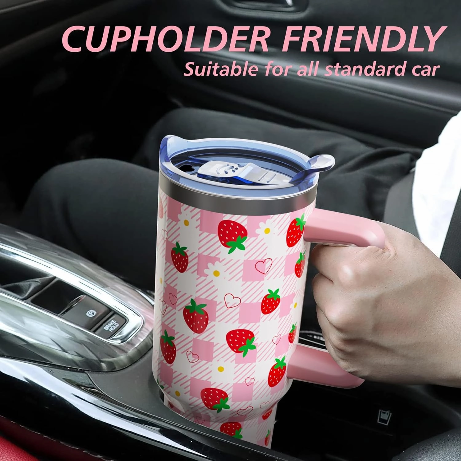 Strawberry Gifts 40 Oz Tumbler with Handle and Lid Straw, Pastel Plaid Stainless Steel Double Walled Vacuum Insulated Cup Mug, Cute Fruit Lover Birthday Gifts for Women Girls (1 PC)