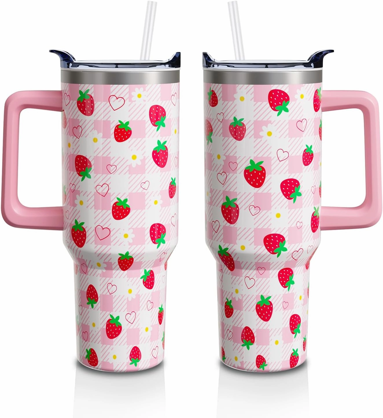 Strawberry Gifts 40 Oz Tumbler with Handle and Lid Straw, Pastel Plaid Stainless Steel Double Walled Vacuum Insulated Cup Mug, Cute Fruit Lover Birthday Gifts for Women Girls (1 PC)