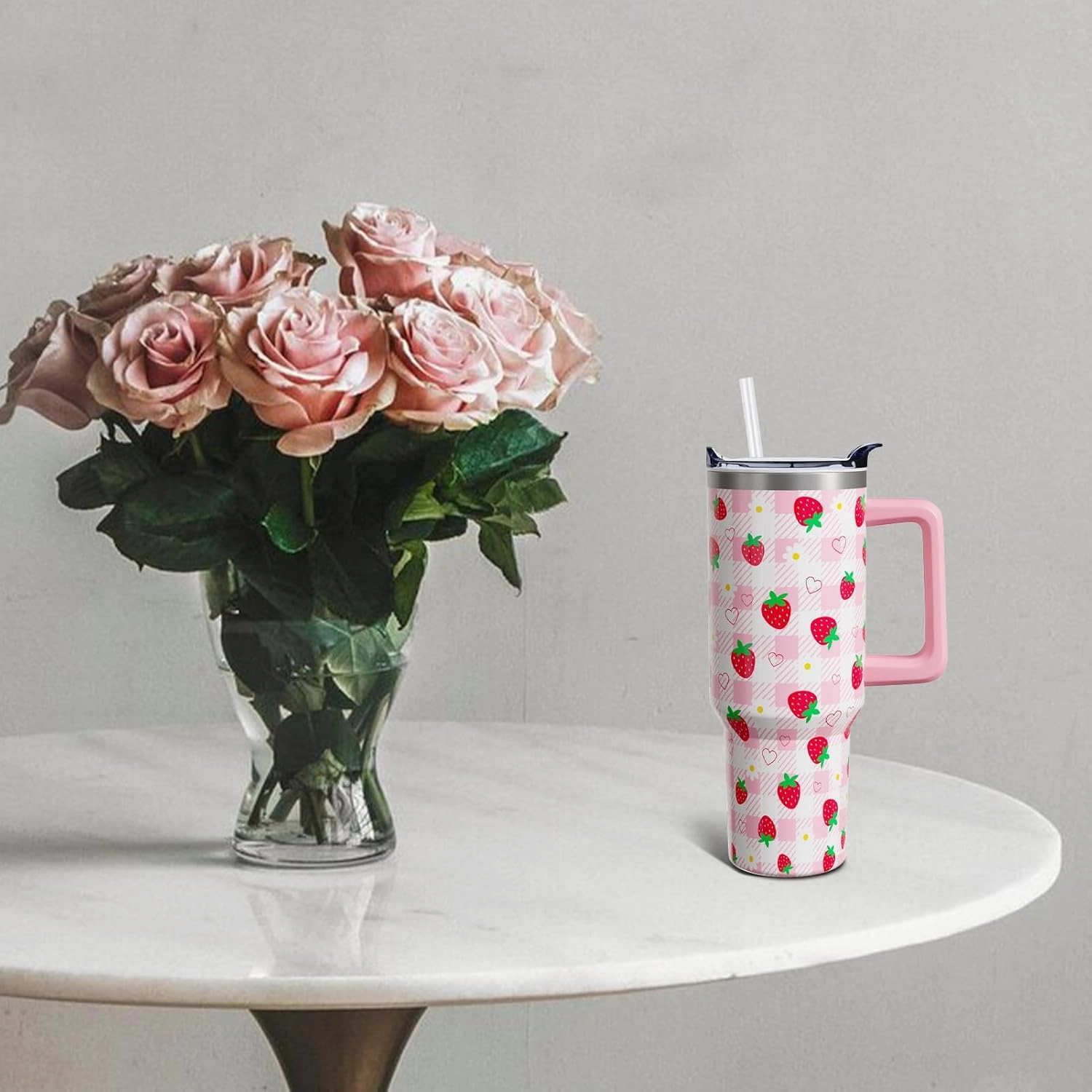 Strawberry Gifts 40 Oz Tumbler with Handle and Lid Straw, Pastel Plaid Stainless Steel Double Walled Vacuum Insulated Cup Mug, Cute Fruit Lover Birthday Gifts for Women Girls (1 PC)