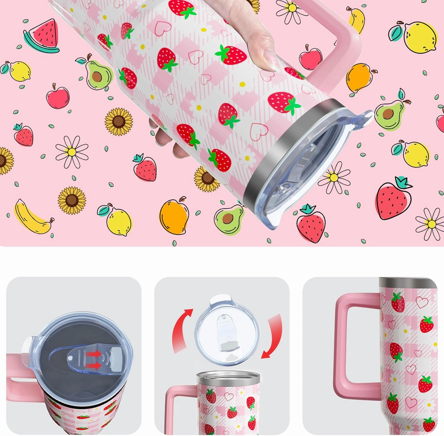 Strawberry Gifts 40 Oz Tumbler with Handle and Lid Straw, Pastel Plaid Stainless Steel Double Walled Vacuum Insulated Cup Mug, Cute Fruit Lover Birthday Gifts for Women Girls (1 PC)