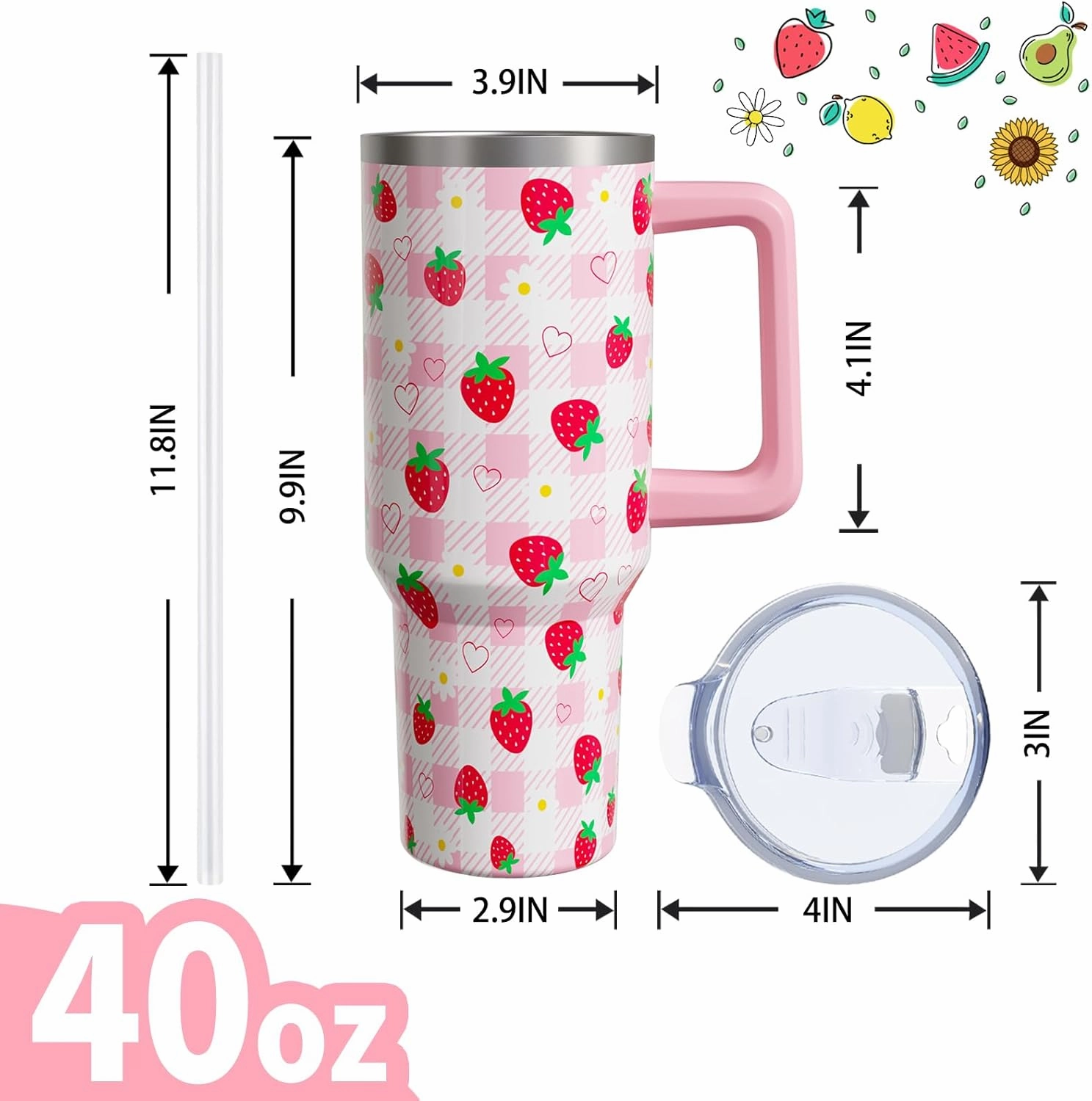 Strawberry Gifts 40 Oz Tumbler with Handle and Lid Straw, Pastel Plaid Stainless Steel Double Walled Vacuum Insulated Cup Mug, Cute Fruit Lover Birthday Gifts for Women Girls (1 PC)