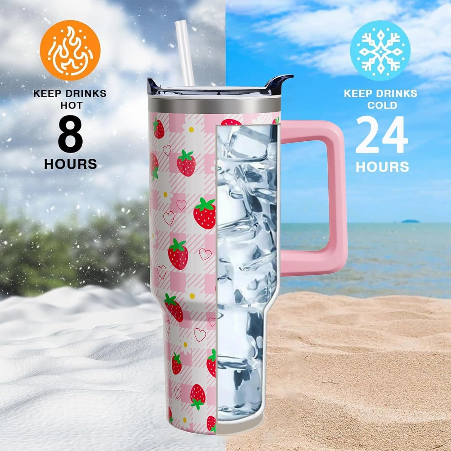 Strawberry Gifts 40 Oz Tumbler with Handle and Lid Straw, Pastel Plaid Stainless Steel Double Walled Vacuum Insulated Cup Mug, Cute Fruit Lover Birthday Gifts for Women Girls (1 PC)
