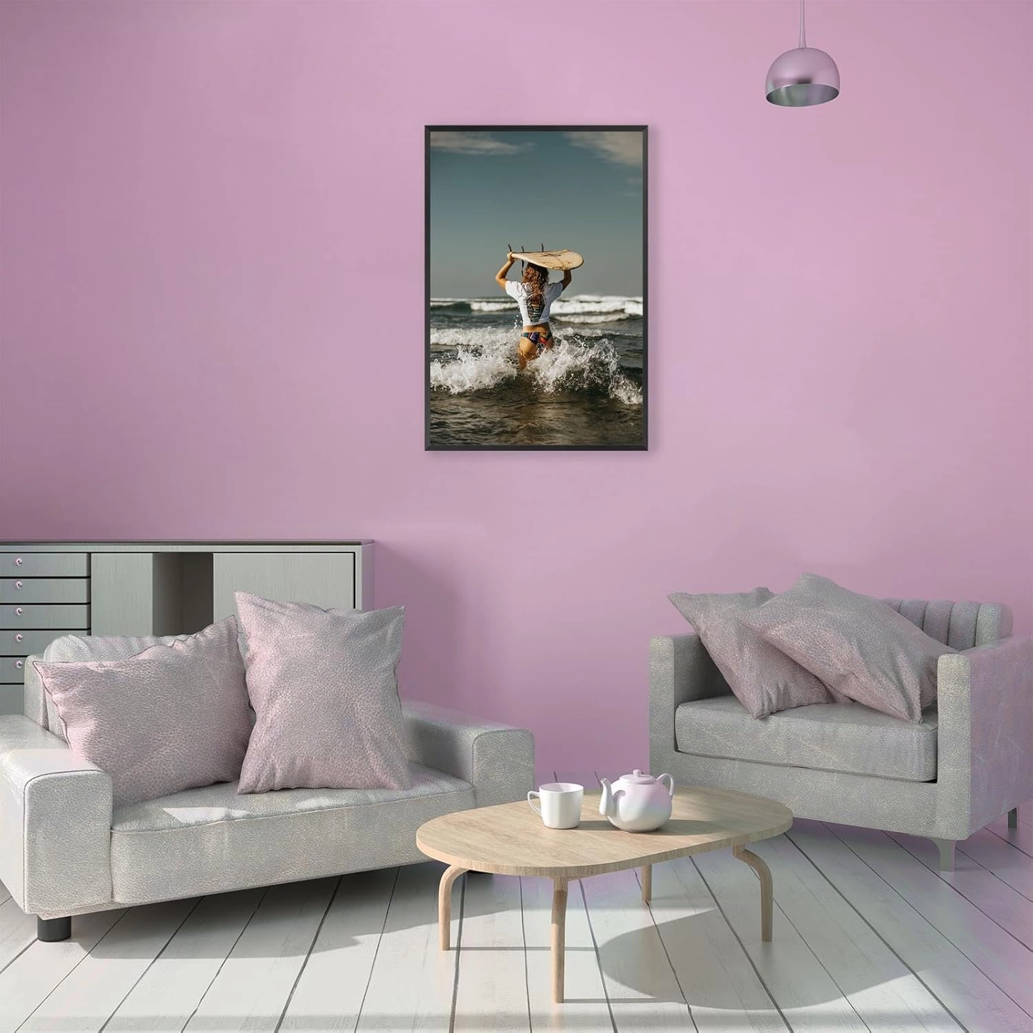 Summer Bali Beach Girl Wall Art Coastal Girly Surfboard Canvas Posters Sexy Woman Surfing Photography Pictures Prints Painting For Bathroom Living Room Wall Decor 24x36in Framed
